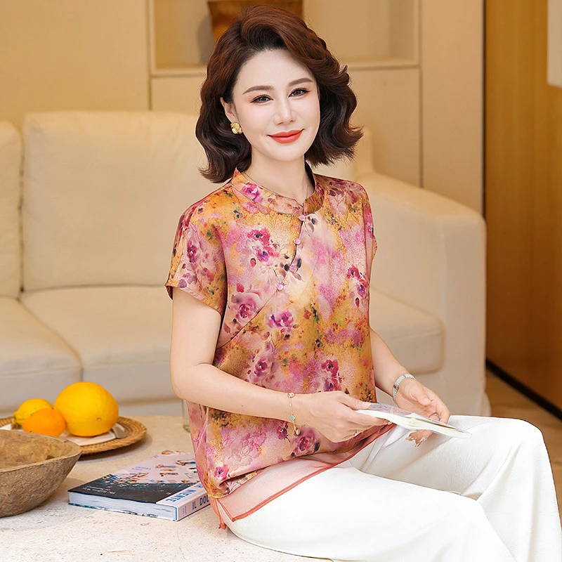 俞兆林中年妈妈夏季新中式旗袍小衫新款洋气中老年女装国风短袖T
