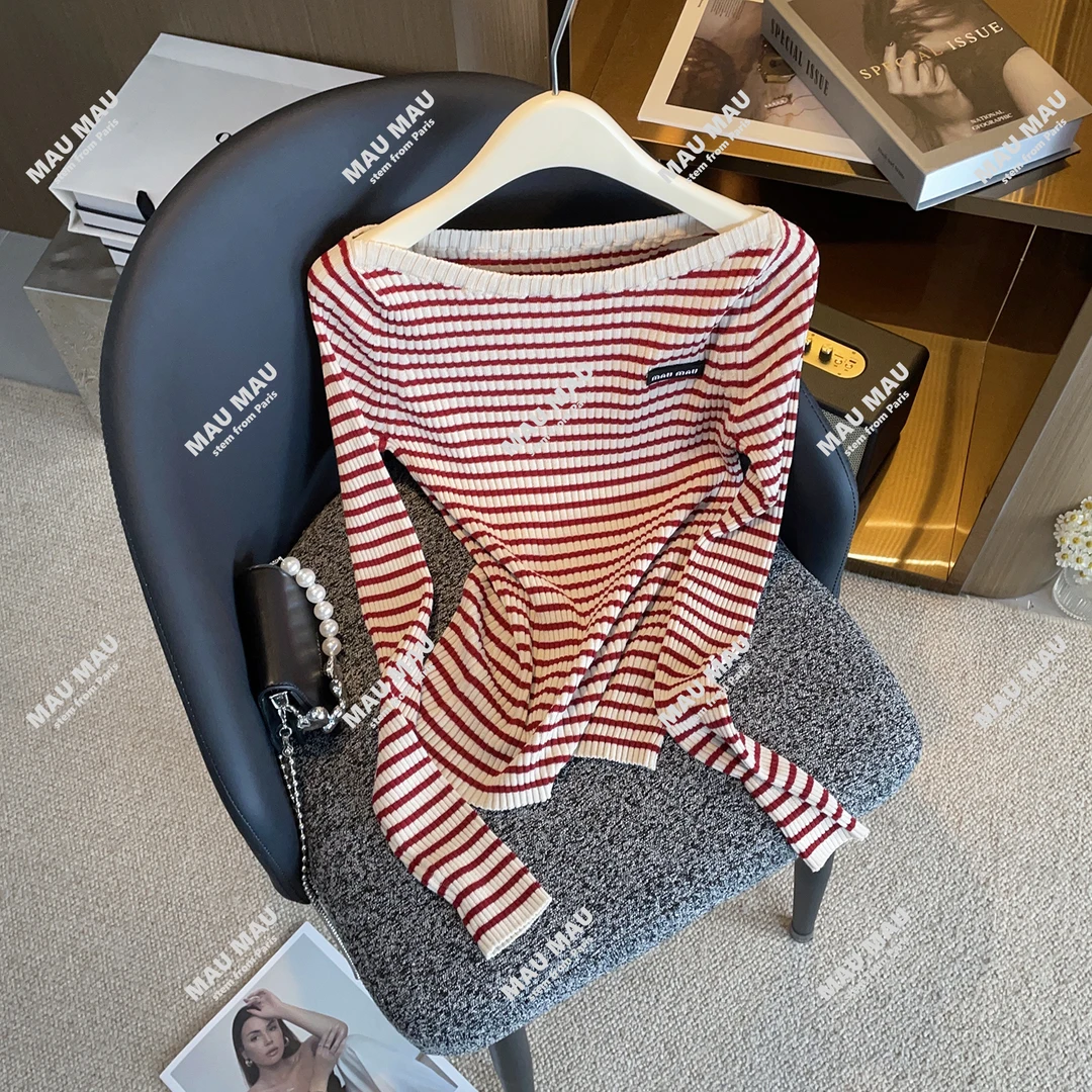 一字领设计感长袖红条纹显瘦针织上衣DY9375