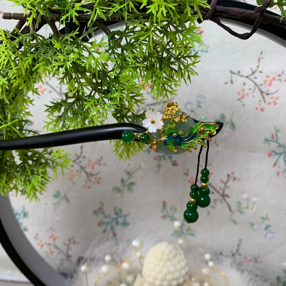 古风绿色凤凰平安扣檀木发簪15公分长度重工款式贵气精致显气质