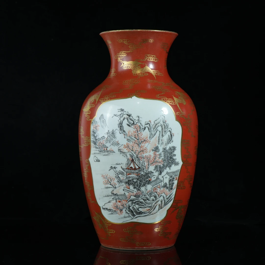 lot14936 4843 清乾隆 珊瑚红描金开窗粉彩山水图瓶 H:30