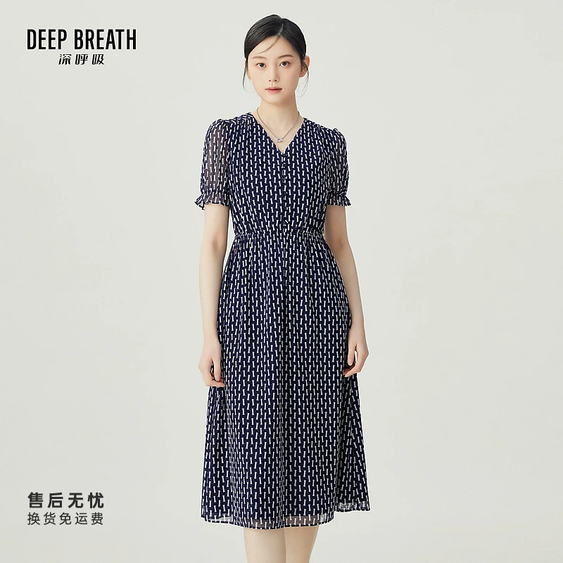DEEP BREATH深呼吸女装新款网纱松紧腰慵懒度假风连衣裙A500294