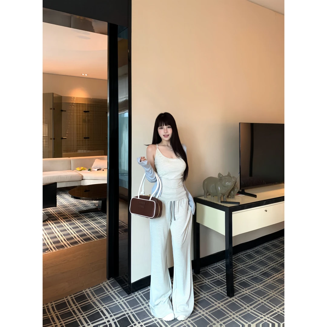 慵懒休闲套装女条纹自带胸垫吊带开衫宽松休闲裤三件套