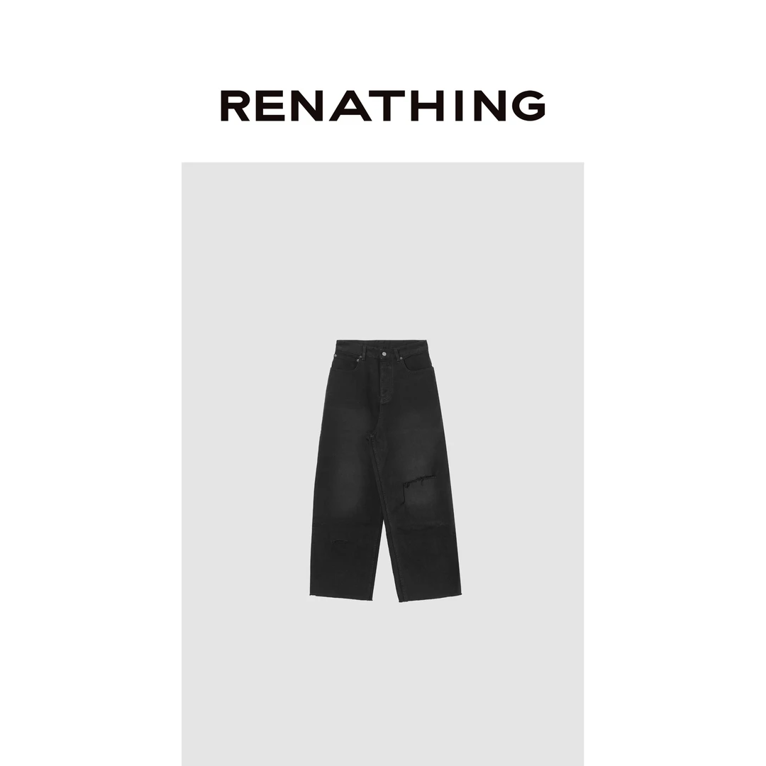【RENATHING】一字切破洞阔腿牛仔裤