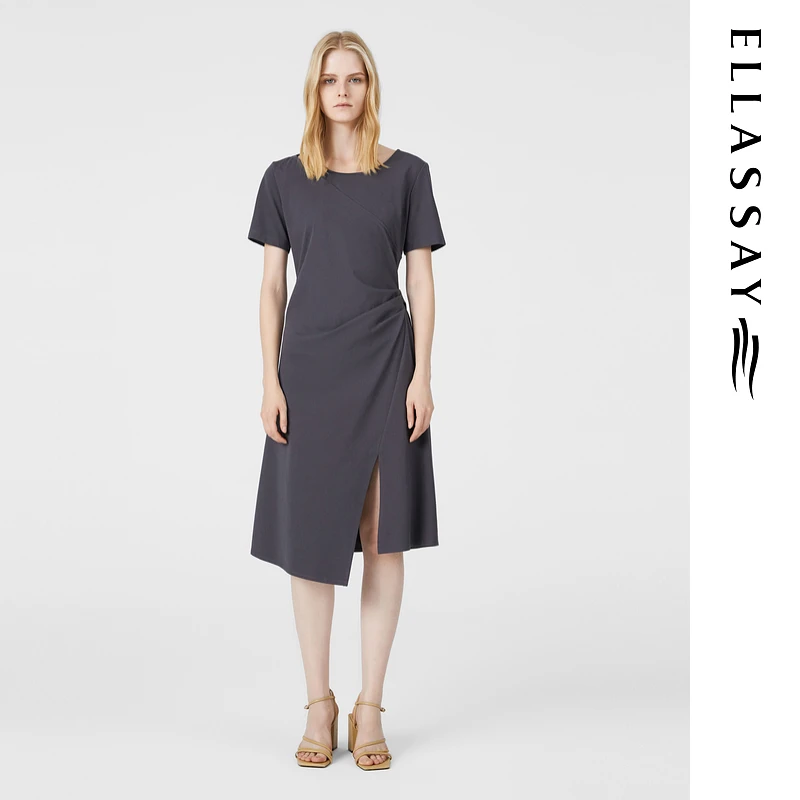 歌力思2025早春新款棉感时髦抽褶修身连衣裙女EWB362Y06200