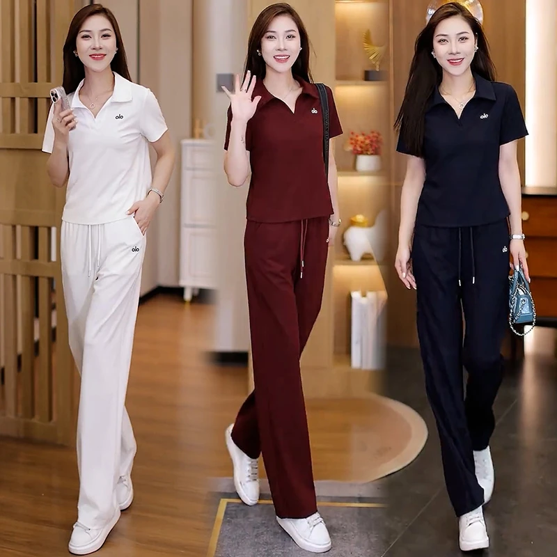 休闲运动套装女2025夏季新款洋气显瘦Polo领短袖T恤阔腿裤两件套