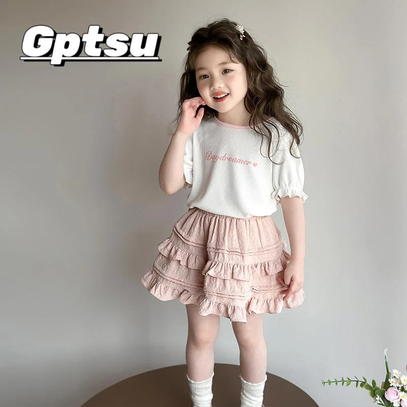 GPTSu女童韩系蛋糕短裙套装夏季甜美儿童洋气夏款短袖薄款两件套
