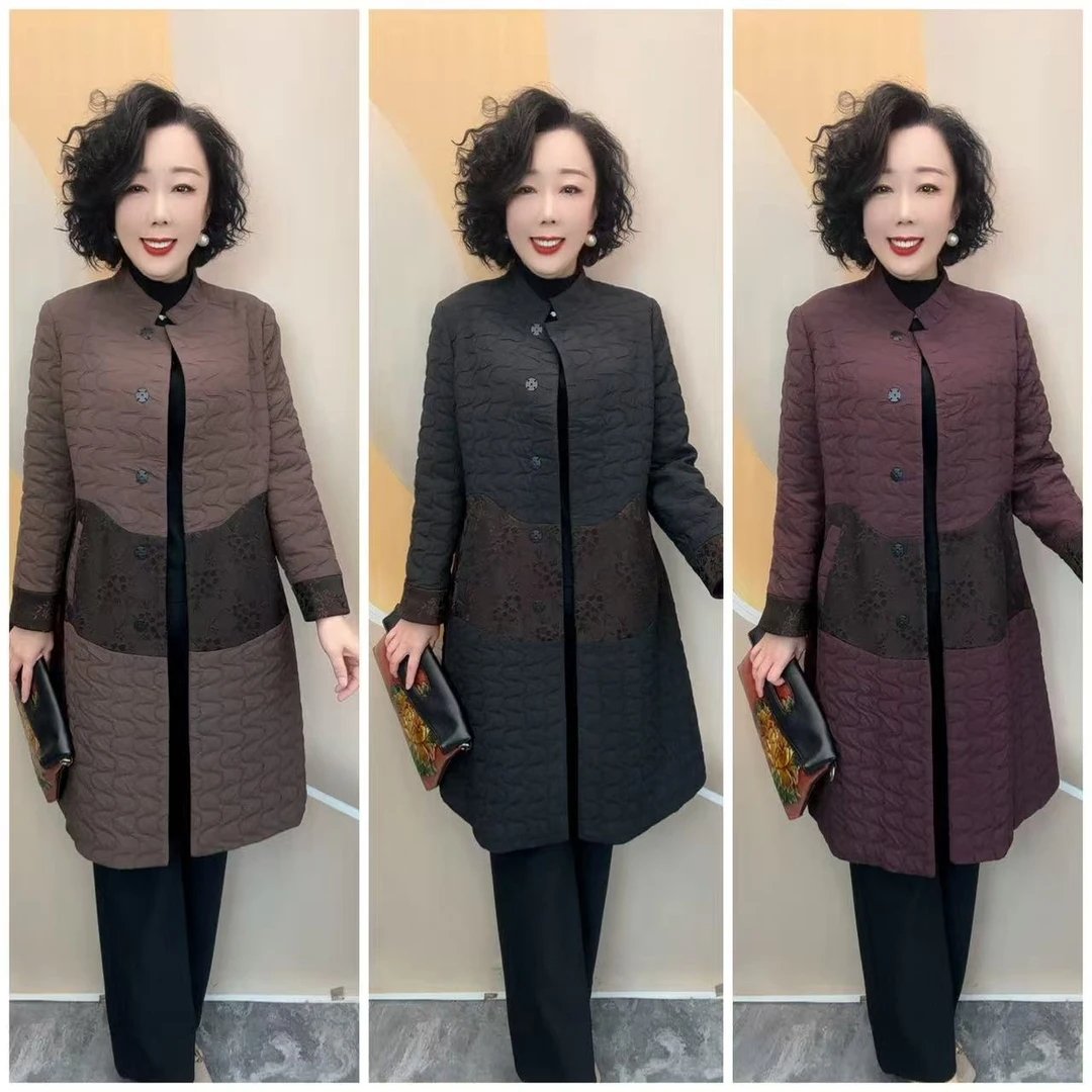 101新款优雅妈妈二棉服小立领拼接时尚宽松大码中长厚外套，97衣长