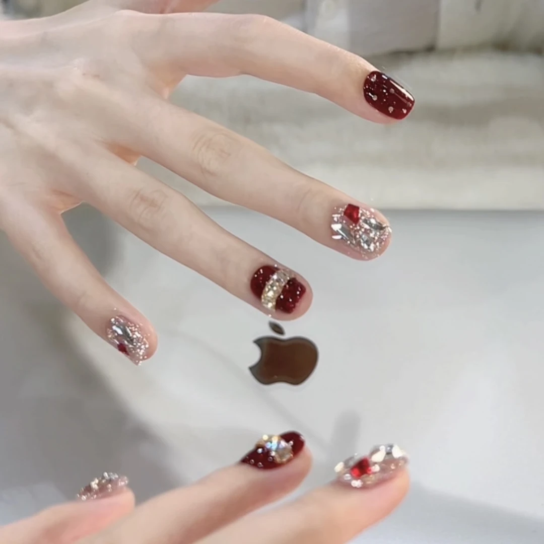 【碎钻红酒】野世穿戴甲 氛围感 美甲