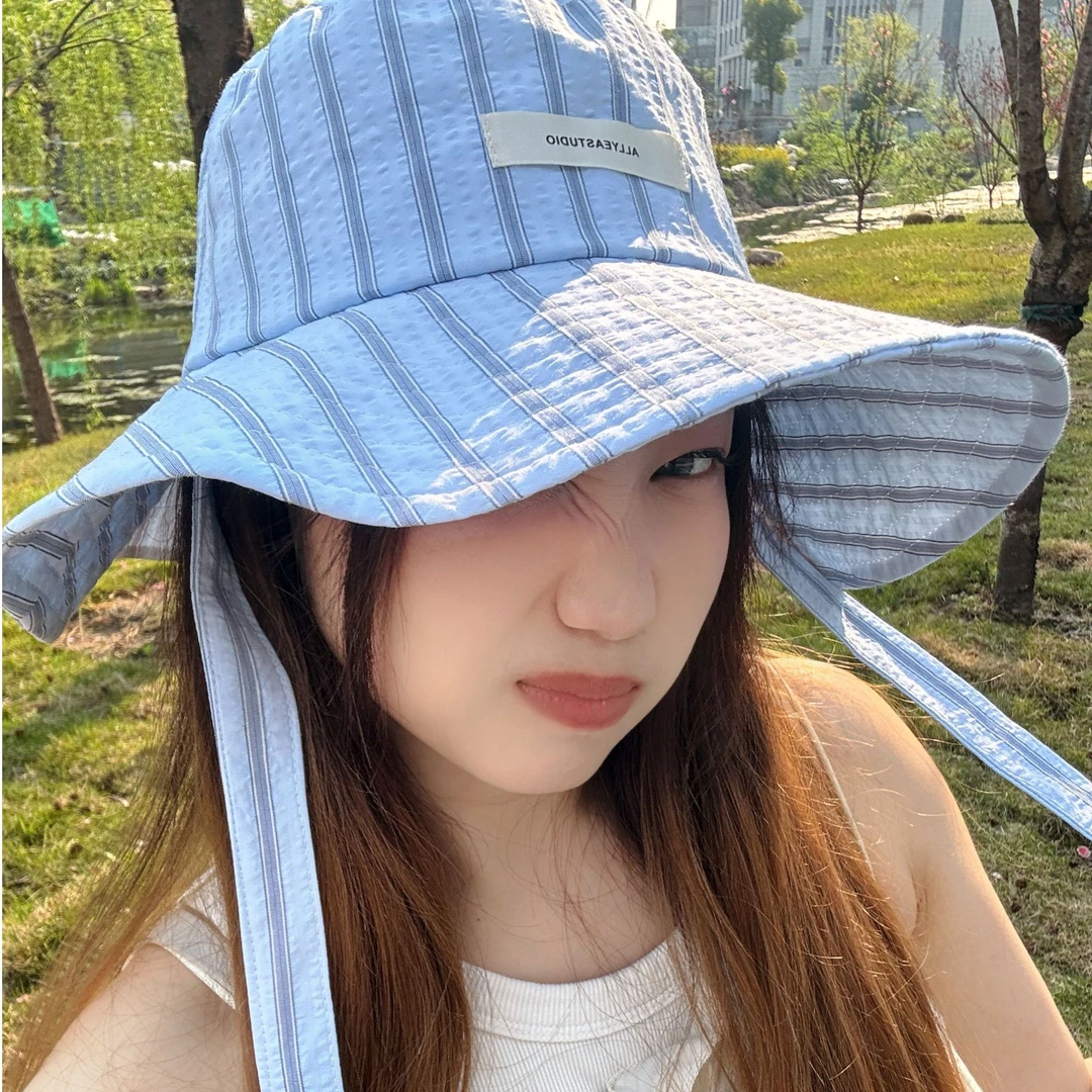 新款韩系条纹系带防晒渔夫帽子女春季显脸小百搭户外大春夏帽子
