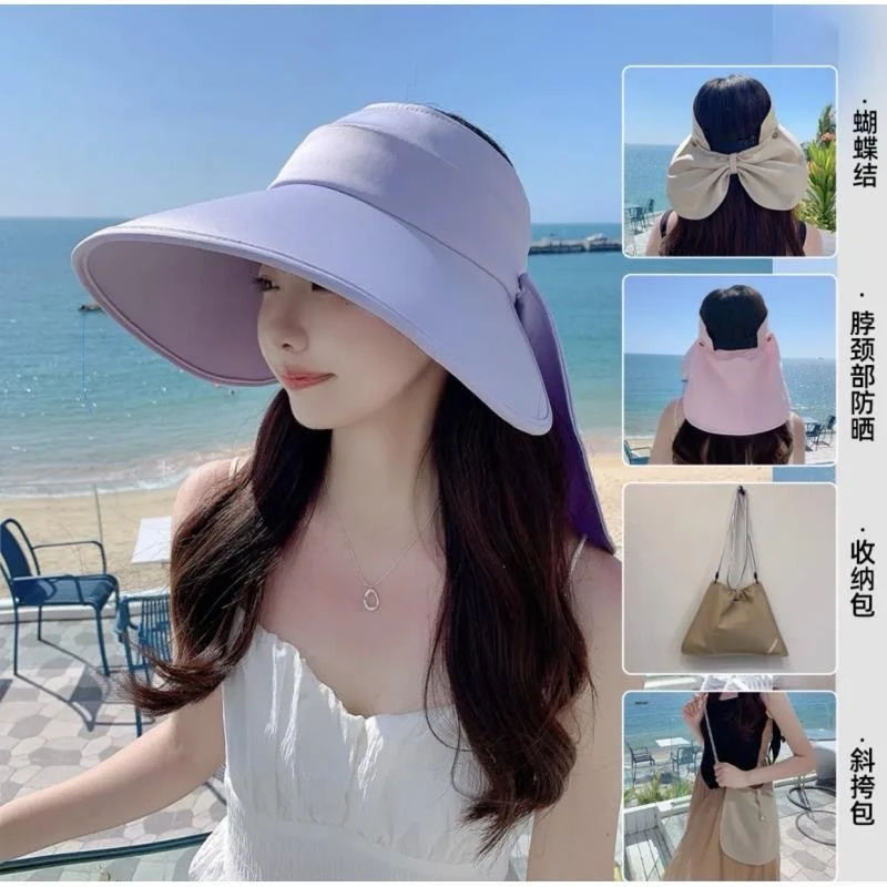 帽子女夏季大檐遮阳帽防紫外线空顶防晒帽冰丝戴遮脸渔夫帽扎马尾