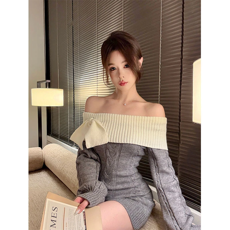 一字肩包臀裙女秋冬新款韩系纯欲辣妹风显瘦收腰蝴蝶结针织连衣裙