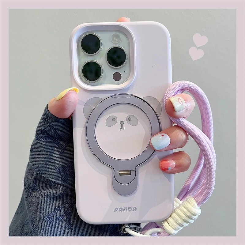 熊猫浅紫支点壳带挂绳适用苹果16/17promax手机壳iphone15pro支架