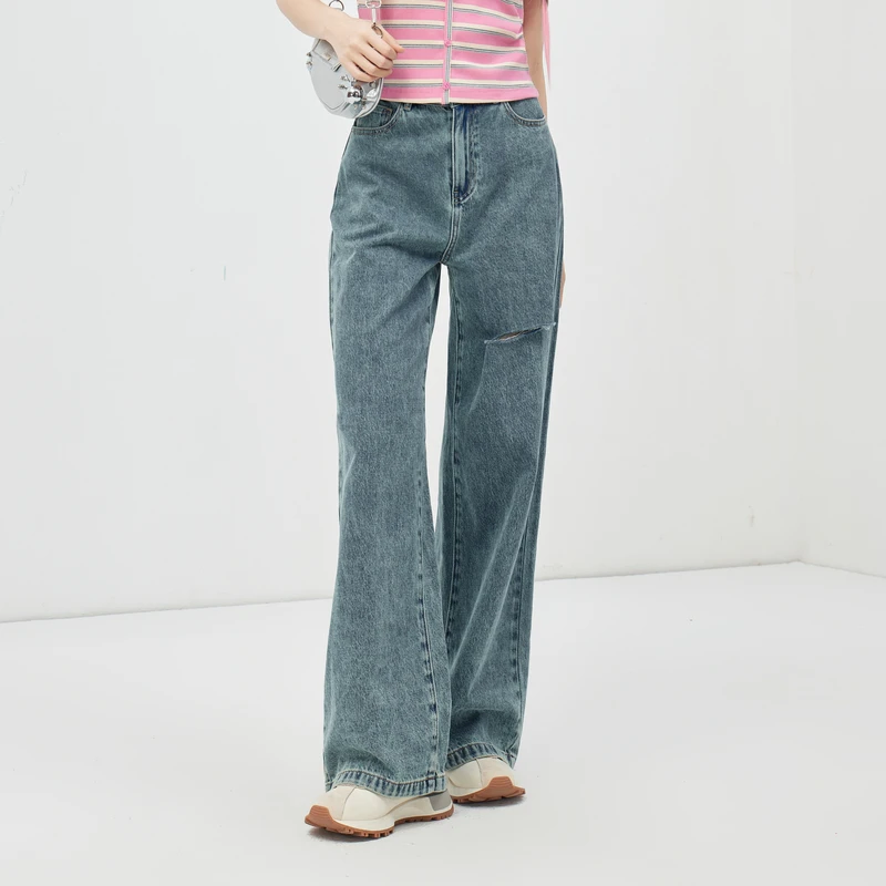 流光风 紫涵高腰直筒牛仔裤水洗做旧破洞牛仔长裤垂感Z4Z04AH312