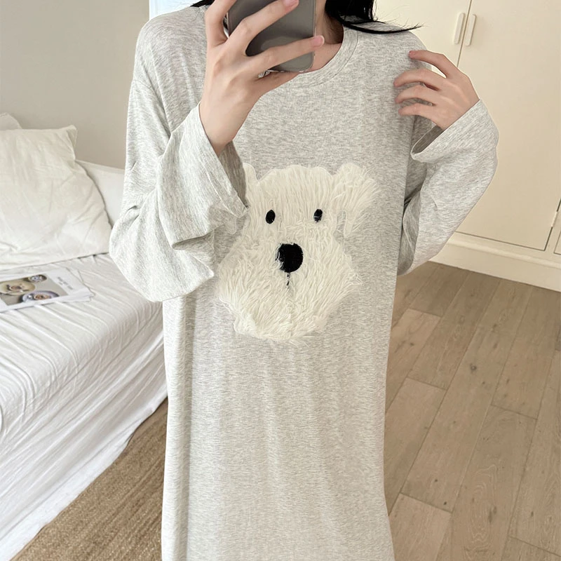 韩版卡通小狗长袖睡裙女款春秋季新款女士莫代尔睡衣裙休闲家居服