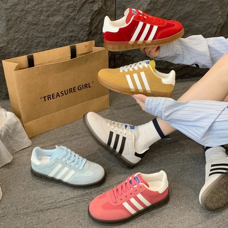 草莓熊粉色真皮德训鞋女2024春季新款夏季休闲小众复古板鞋阿甘鞋