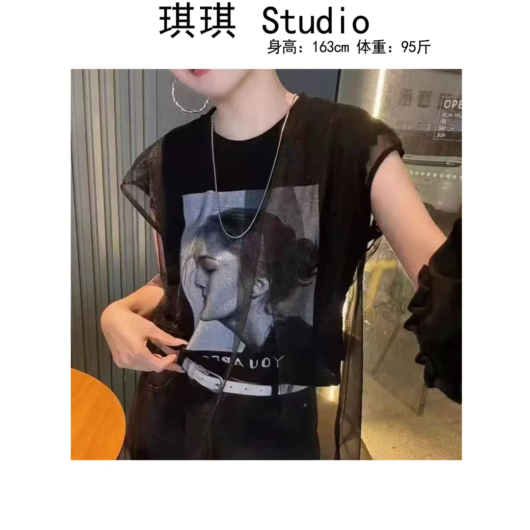 《琪琪家》夏季新款重工设计感印花美女花边袖蕾丝上衣短袖6673-CS