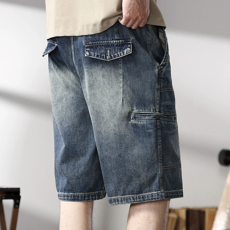 工装牛仔短裤男2025新款宽松休闲马裤大码复古百搭潮流高街五分裤