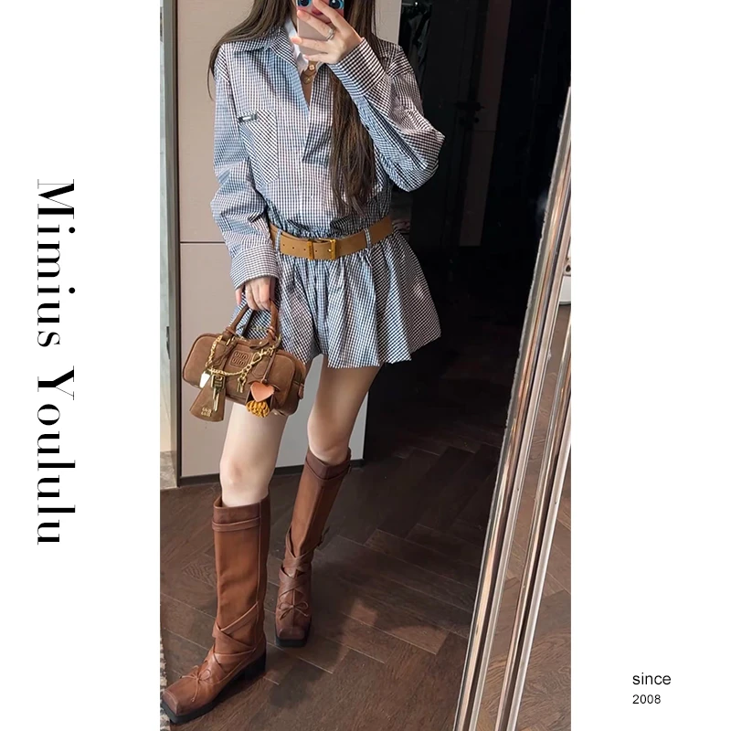 【mimius】P 复古风细格纹双领设计衬衫连衣裙+短裤(带腰带) G07372