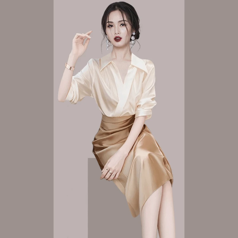 一整套轻熟气质女神范高端小香风衬衫香槟色半身裙女装通勤两件套