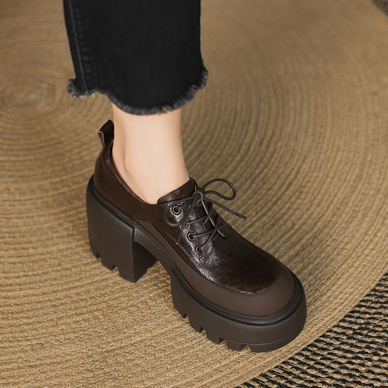 8公分厚底单鞋女超高防水台显瘦复古粗跟圆头真皮系带松糕女鞋