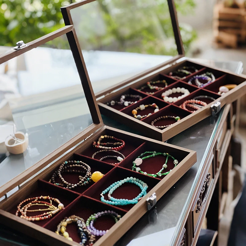 DIY水晶项链收纳盒手串首饰盒带盖放手镯吊坠耳饰玉镯展示珠宝箱