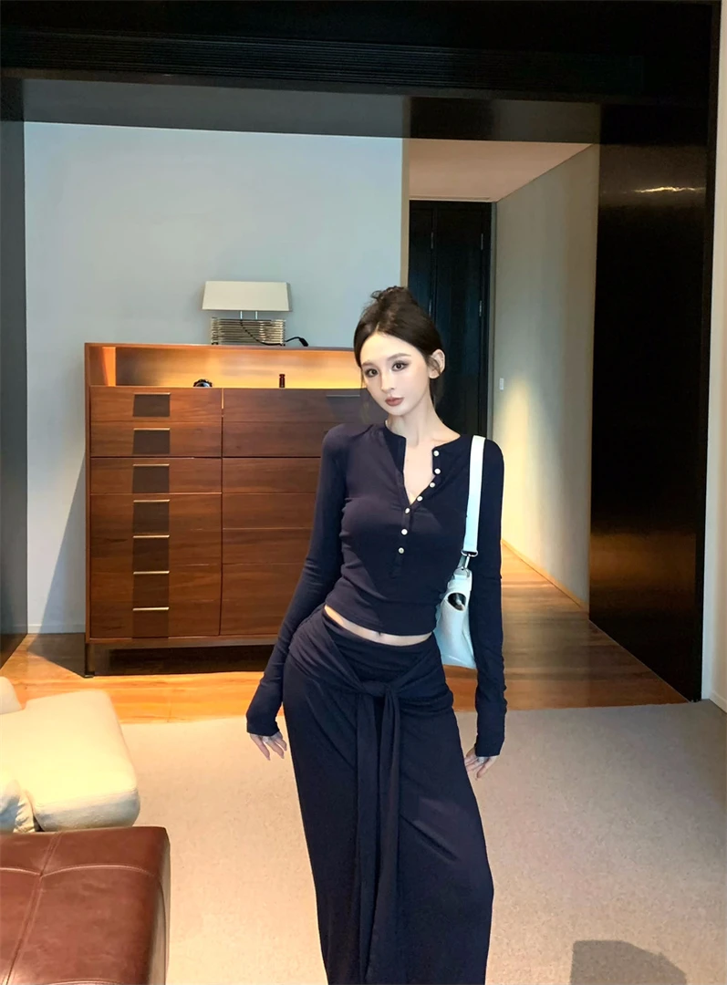 小众辣妹修身显瘦T恤上衣绑带垂感包臀半身长裙套装8236#