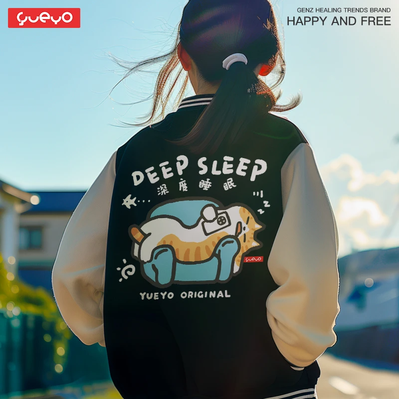 悦游 deep sleep 橘猫睡觉搞笑原创潮牌空气棉卡通棒球服外套夹克