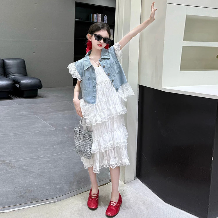 女童吊带连衣裙牛仔马甲长裙套装夏季显瘦气质白色洋气蕾丝韩版