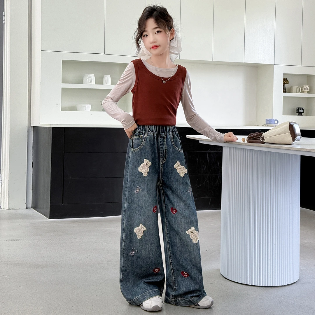 女童阔腿牛仔裤春秋款2025新款女大童毛巾绣直筒裤初中生女孩裤子