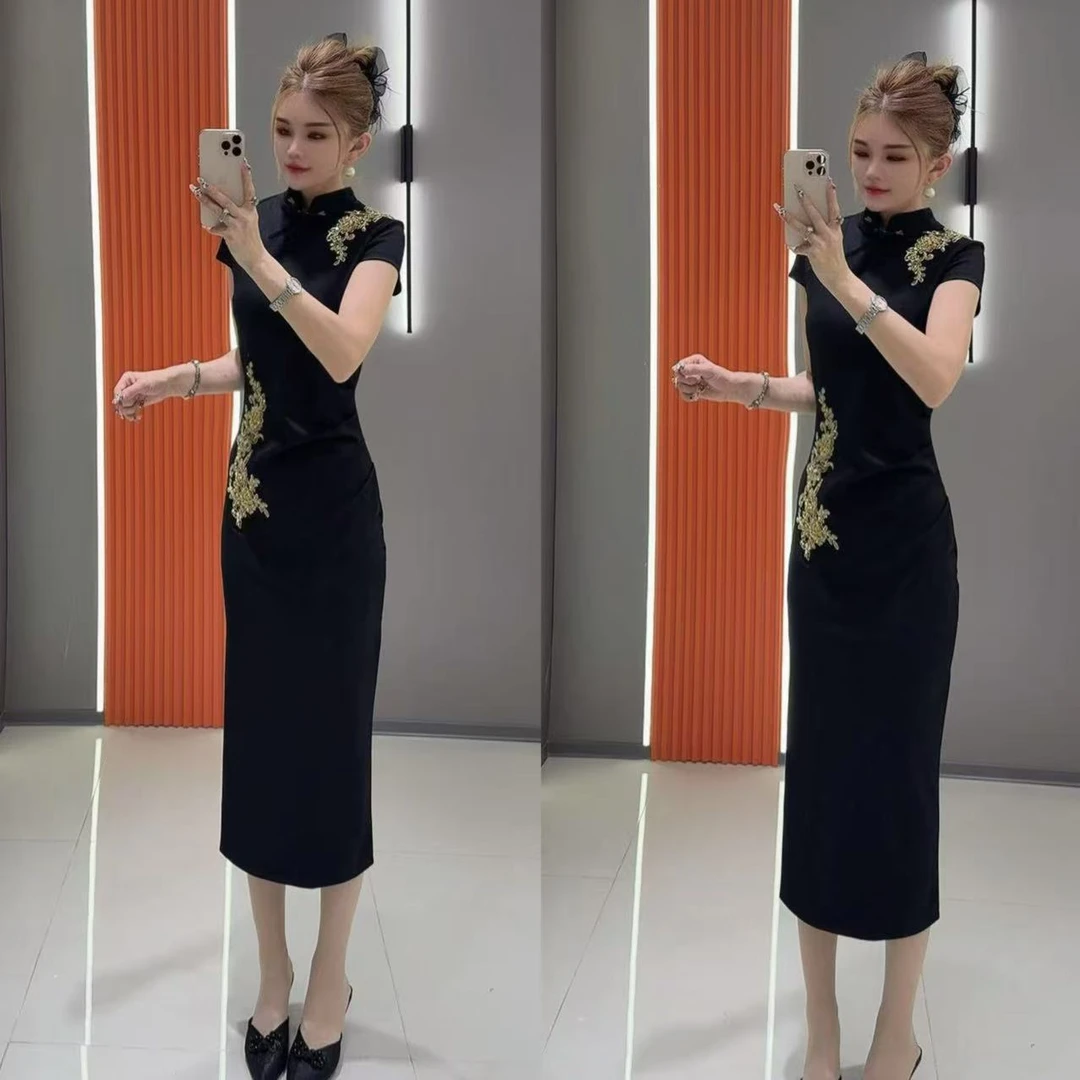 上新 6889 气质立领美肩盘扣靓饰透气收腰短袖连衣裙