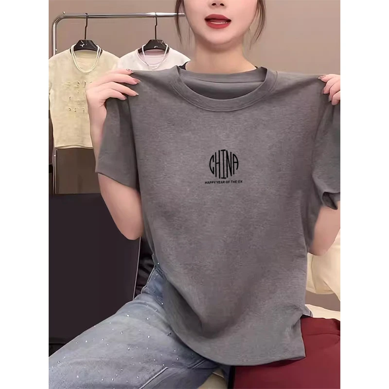 2025新款正肩纯棉圆领短袖t恤女装时尚百搭深灰色高级上衣夏季潮