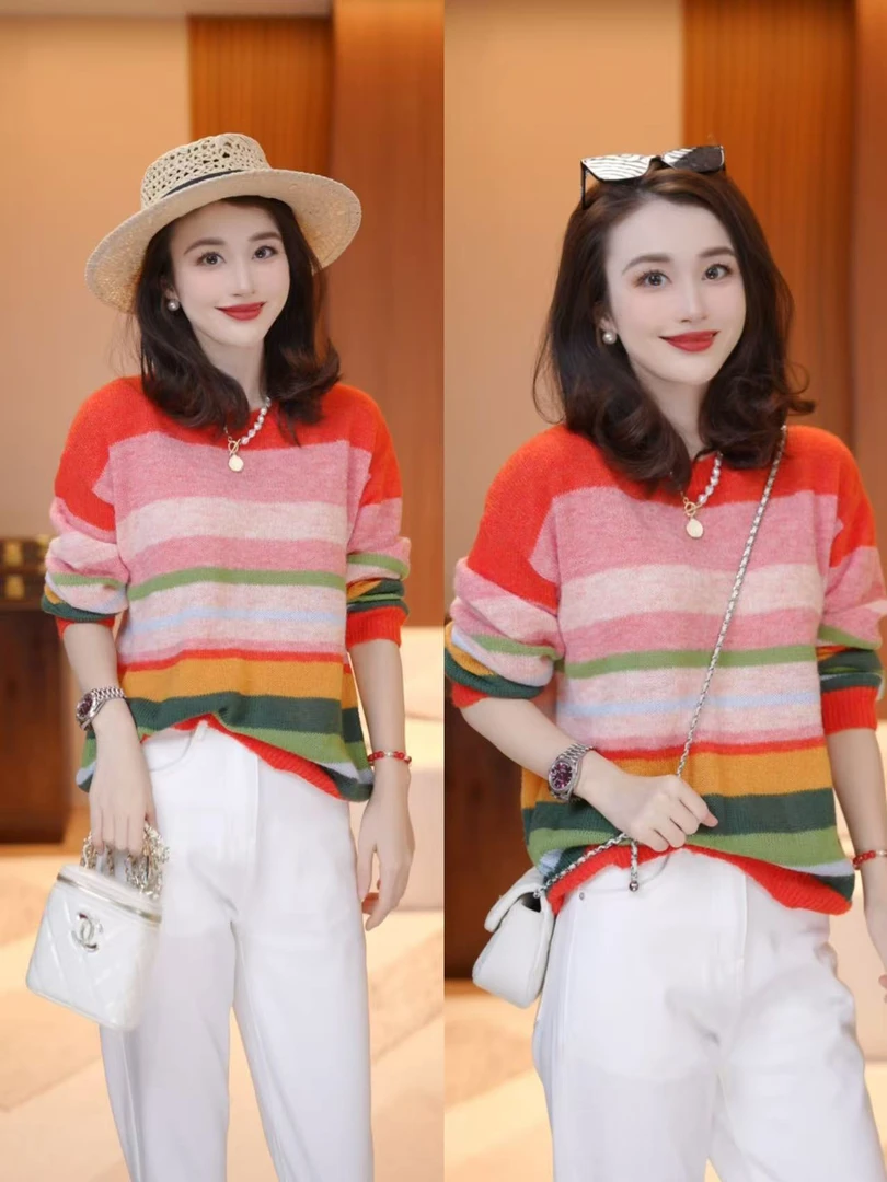 JDND轩羽【彩虹糖】时尚拼色优雅气质圆领毛针织衫XY253413