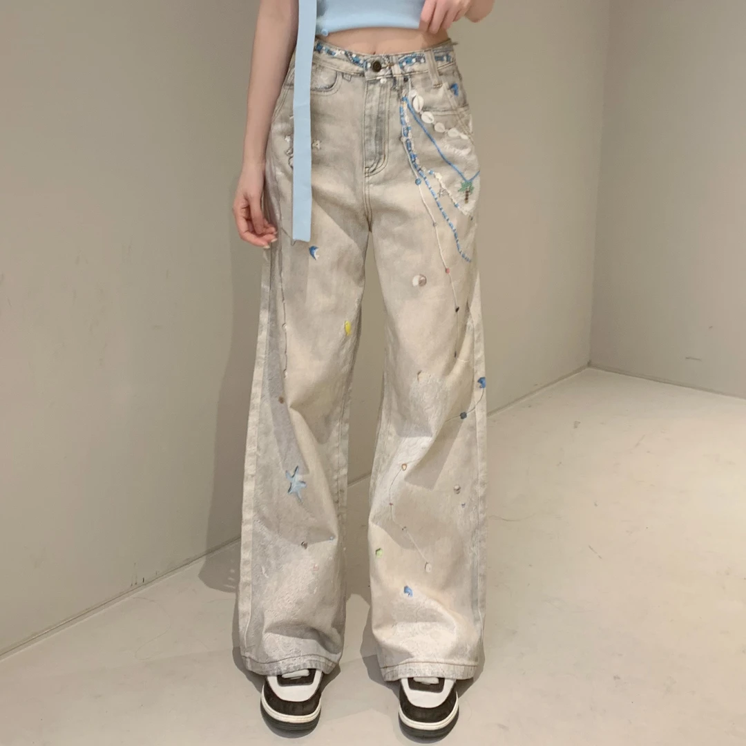 Yucii 珍珠蕾丝冷转移印花牛仔裤百搭假日风直筒裤长裤