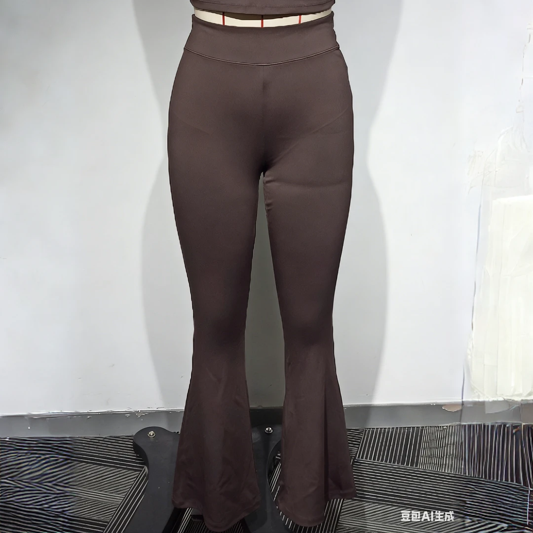 跨境返销咖啡色瑜伽喇叭裤显瘦运动时尚休闲修身女士弹力