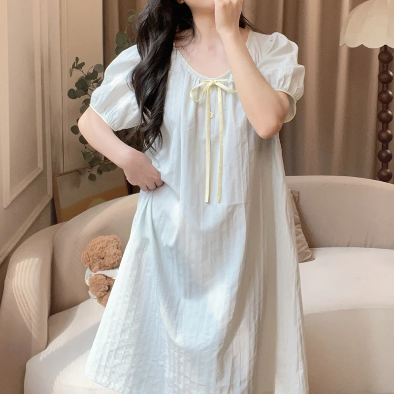 【5865海盐】家居裙纯棉睡衣女短袖夏季薄甜美宽松可外穿带胸垫