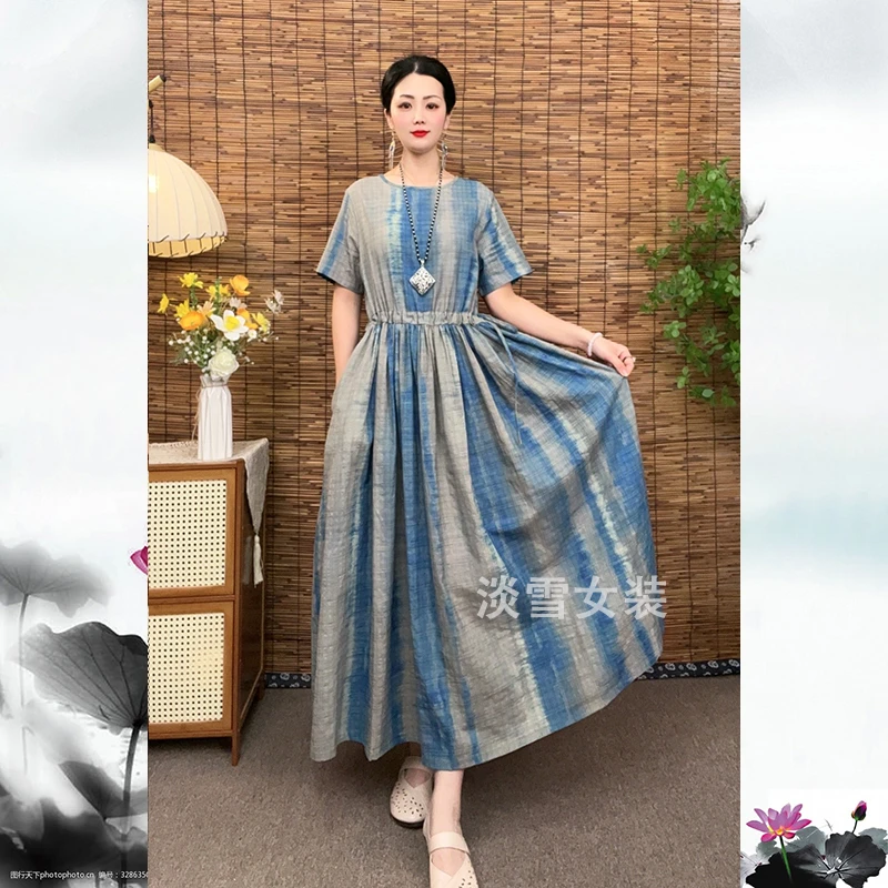 连衣裙夏季时尚洋气衣服女装短袖复古收腰长款抽绳显瘦大摆裙子