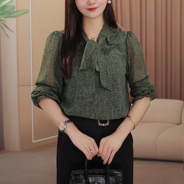 气质V领飘带长袖上衣女2025春季新款时尚百搭显瘦衬衫