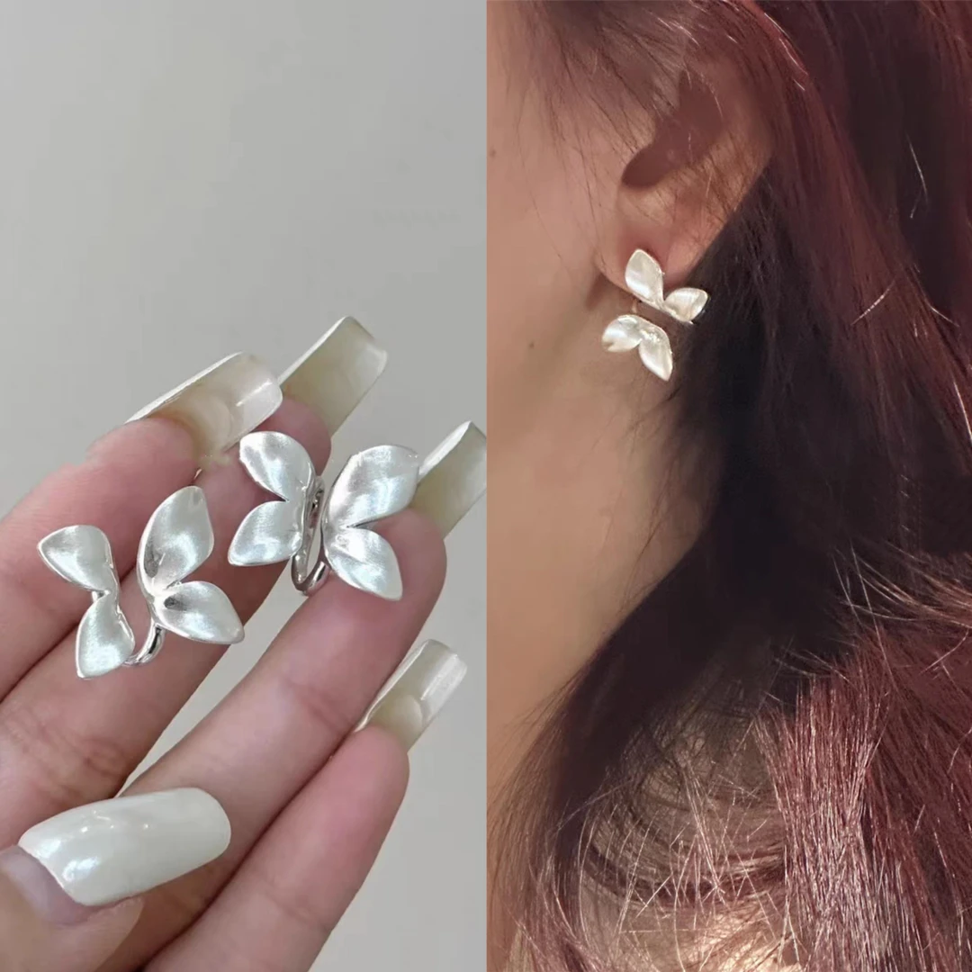 无耳洞「拉丝蝴蝶」银色雾面拉丝立体蝴蝶耳环金属无痛蚊香盘耳夹