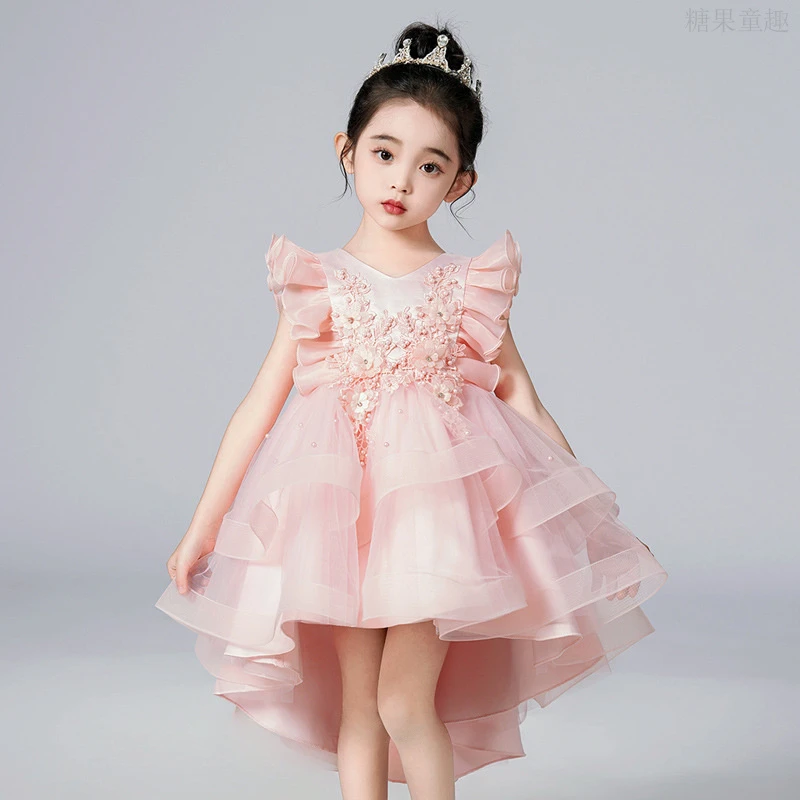 女童礼服夏季连衣裙拖尾款蓬蓬裙公主裙甜美豆沙色长裙高端裙子