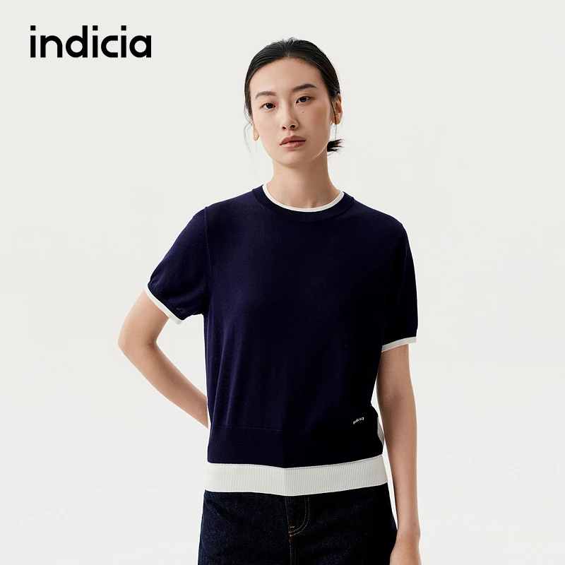 indicia标记商场同款25秋新款拼接撞色简约短款针织衫F2C5ZZ289F