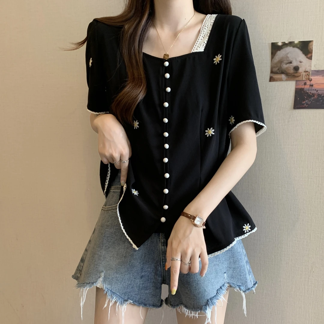 胖MM大码正肩小雏菊刺绣上衣收腰显瘦短袖T恤