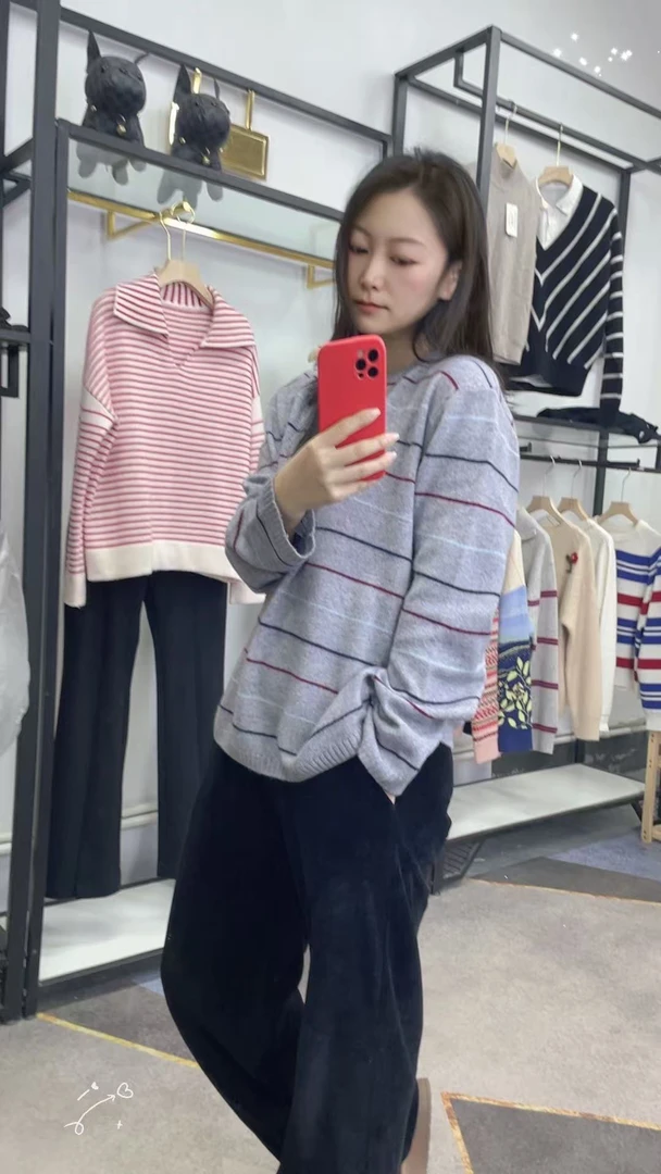 三色笔针织衫羊绒羊毛海魂条纹圆领长短袖毛衣女长袖时尚休闲百搭