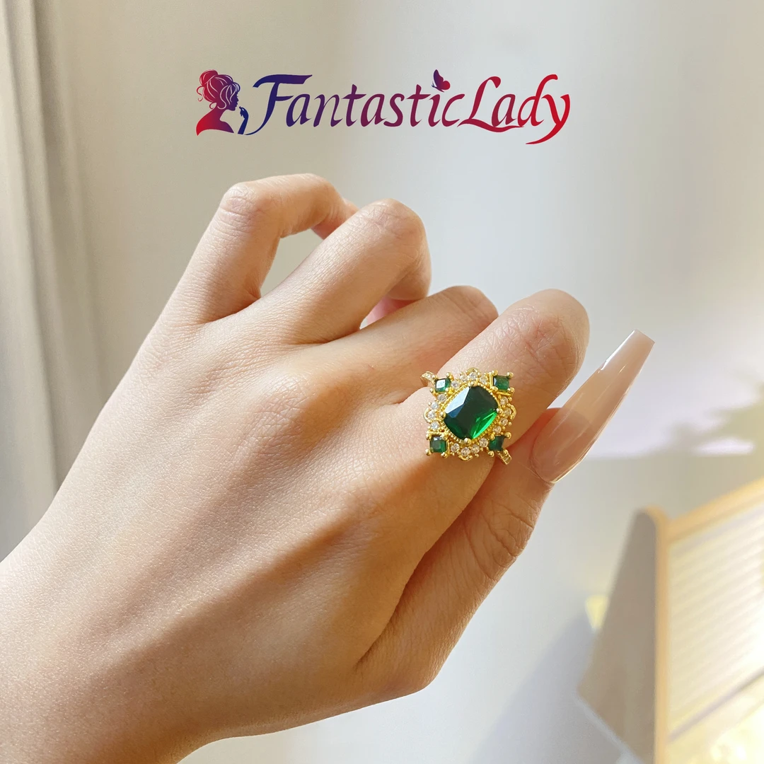 合金锆石戒指 轻奢【Fantasticlady】复古宫廷风奢华绿色锆石戒指
