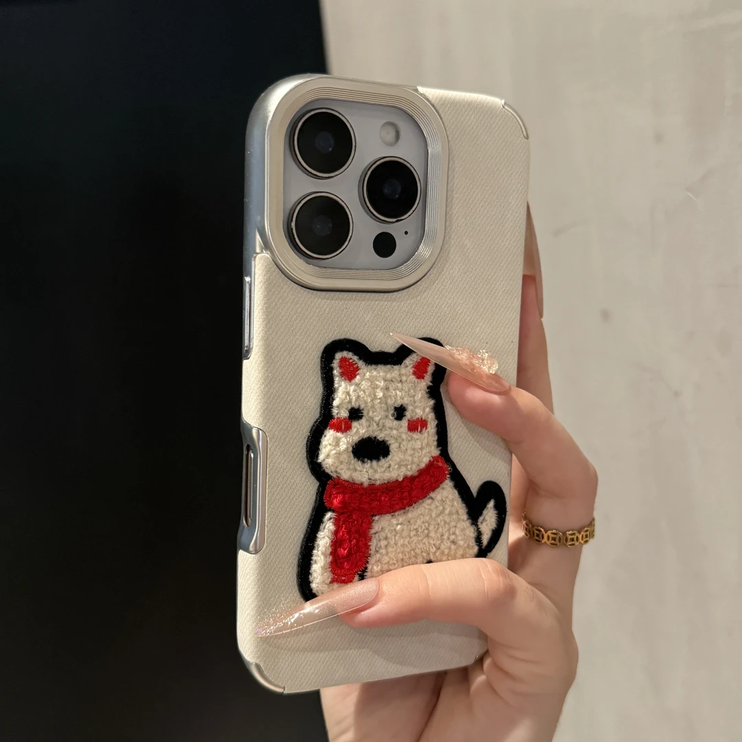 高级感牛仔布刺绣可爱西高地适用苹果16promax手机壳iPhone15女款