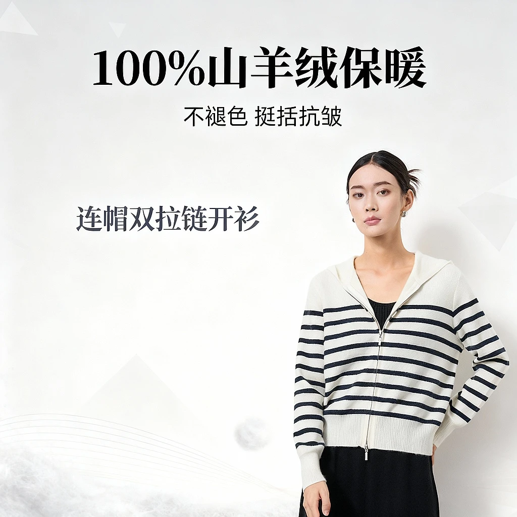 东黎 山羊绒 流光风女士春秋针织连帽衫双拉链撞色羊绒开衫3096