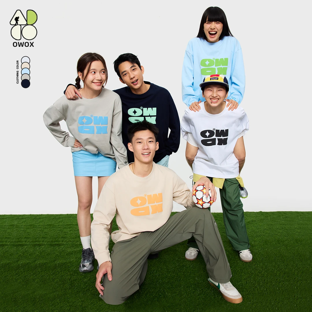 OWOX 简约字母Logo印花宽松圆领长袖T恤男女春季情侣纯棉宽松上衣