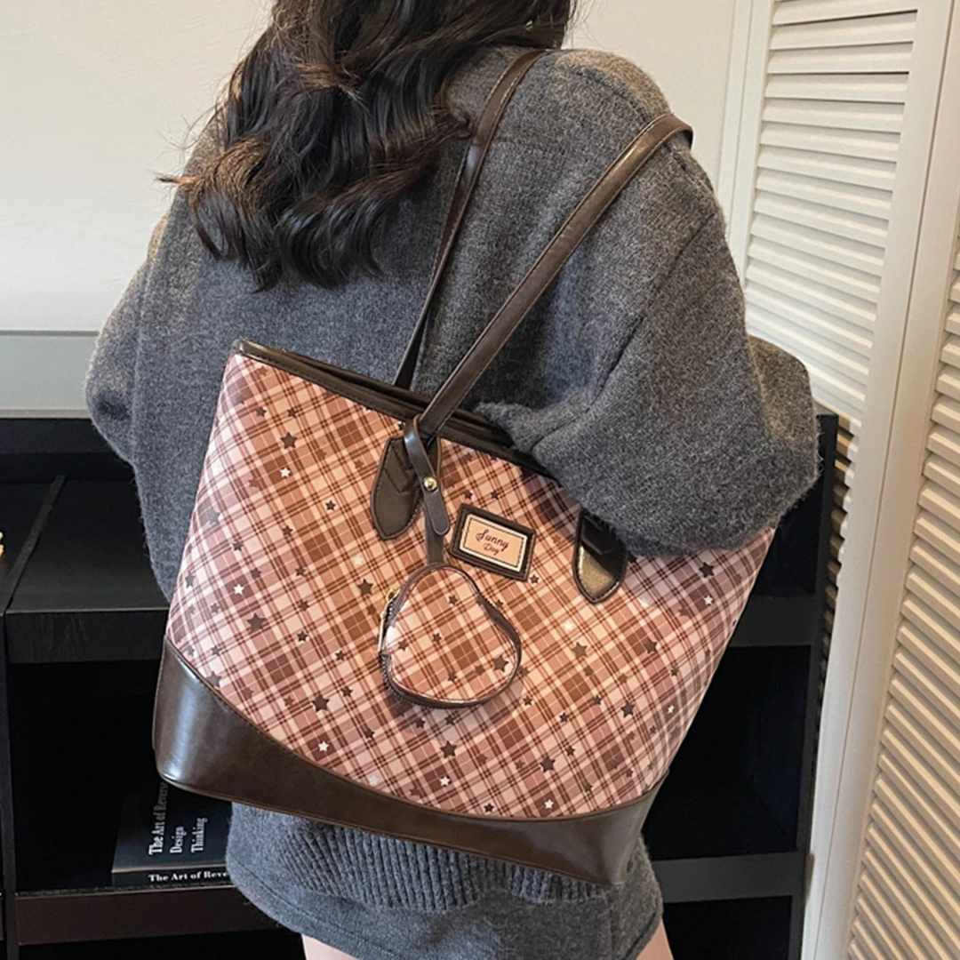 休闲大容量格子包包女2025新款通勤单肩包大学生上课包手提托特包