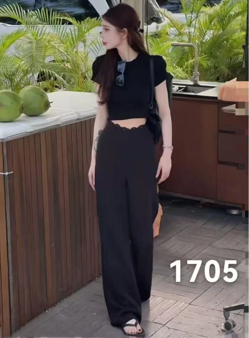 1705 女士蕾丝拼接阔腿裤 F80