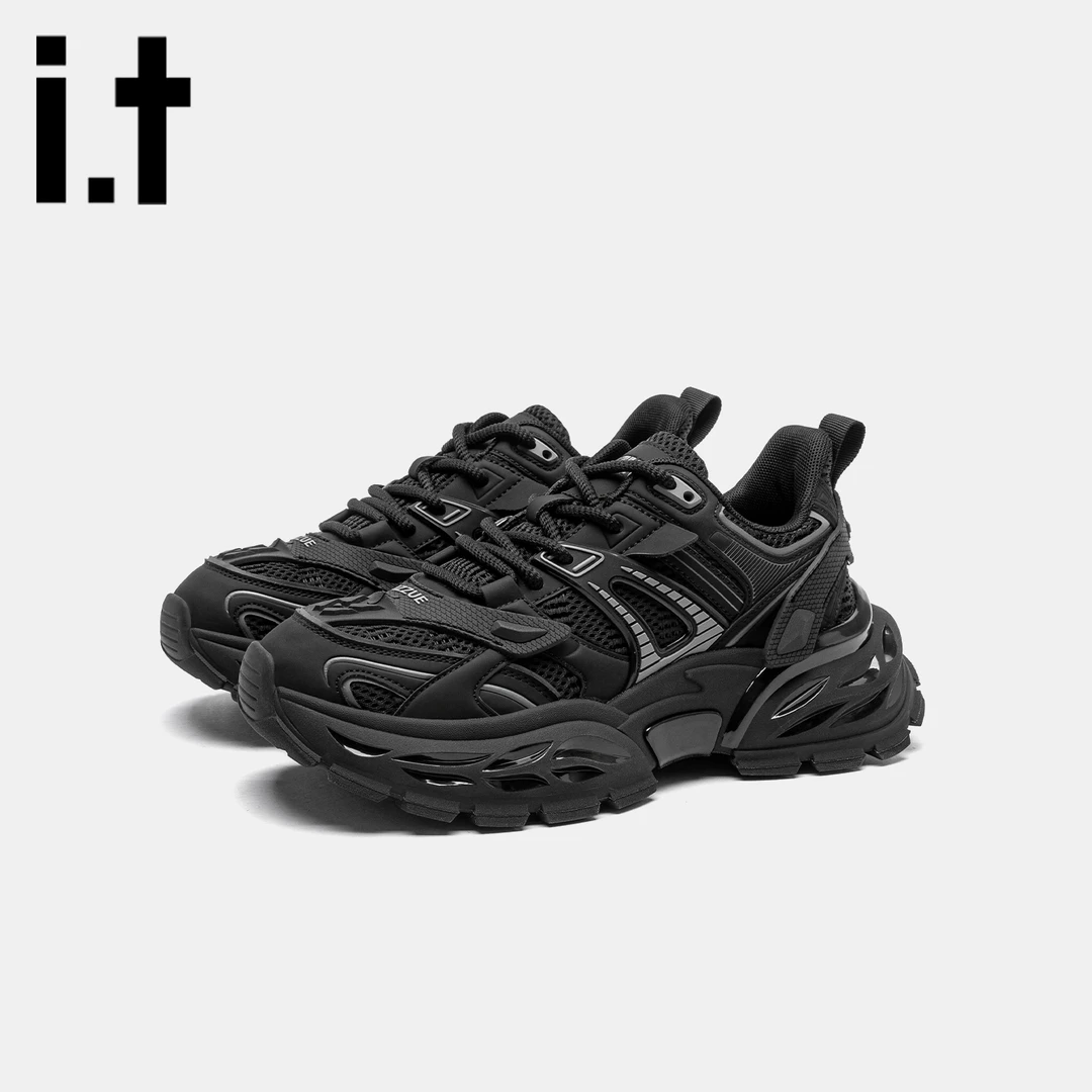 【it izzue】厚底增高老爹鞋男黑武士鞋子全百搭黑色透气学生运动鞋