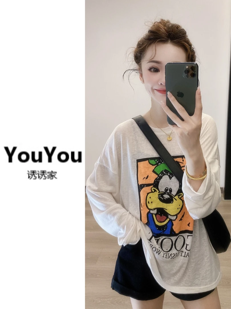 春夏新款韩版宽松显瘦防晒卡通狗飞狗印花长袖T恤女